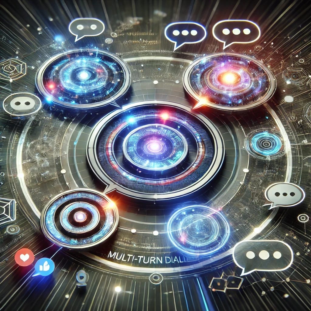 Futuristic multi-turn dial interface with holographic chat bubbles and social media icons.