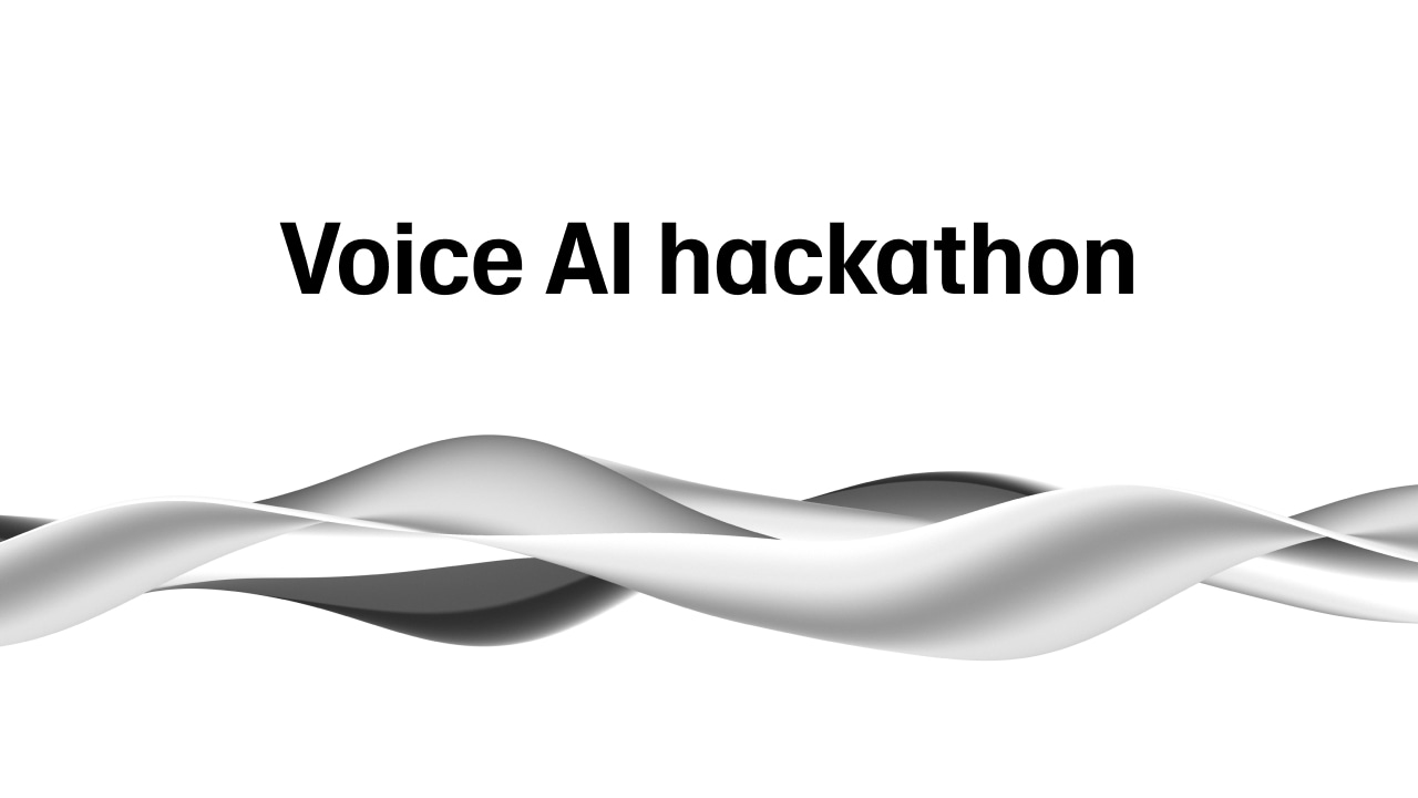 Voice AI hackathon text with abstract black and white wave design.