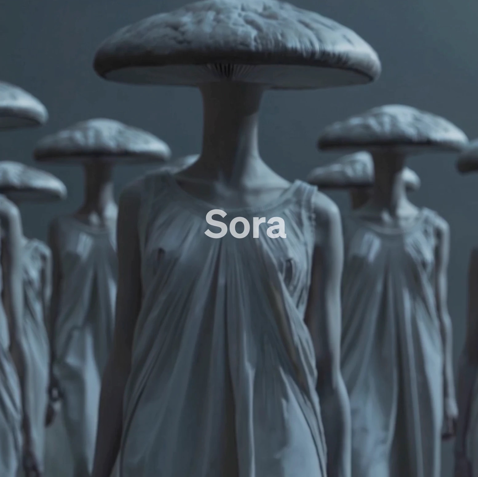 Statues of women with mushroom caps for heads, wearing flowing dresses, with the name "Sora" overlaid.