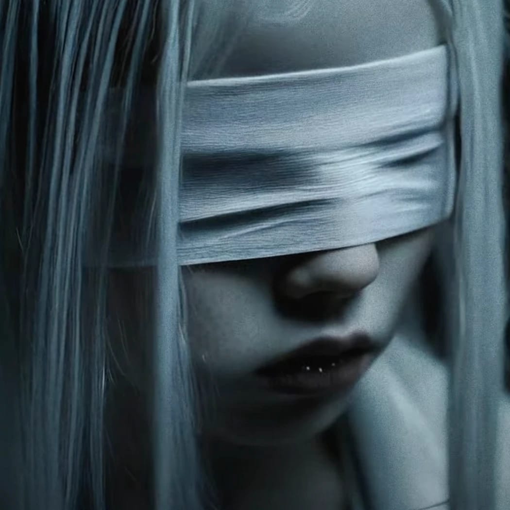 A woman with long hair covering her eyes with a blindfold.