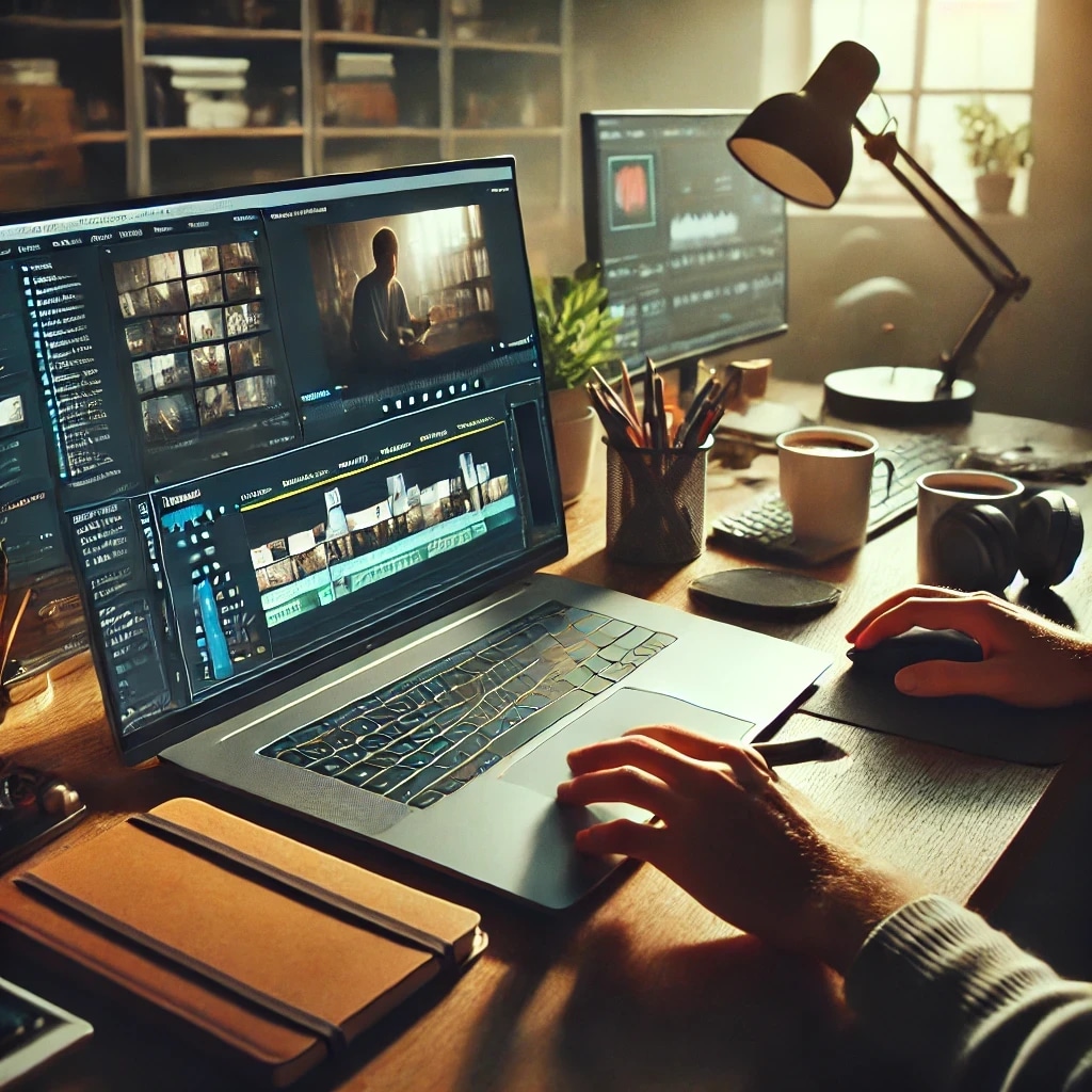 A person editing a video on a laptop with two monitors, surrounded by notebooks, cups of coffee, and editing equipment in a cozy, well-lit workspace.