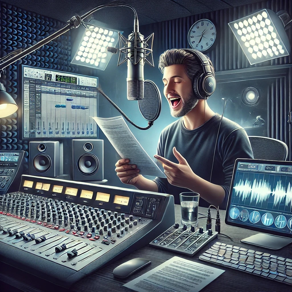 A man singing into a microphone in a professional recording studio, surrounded by audio equipment and bright studio lights.