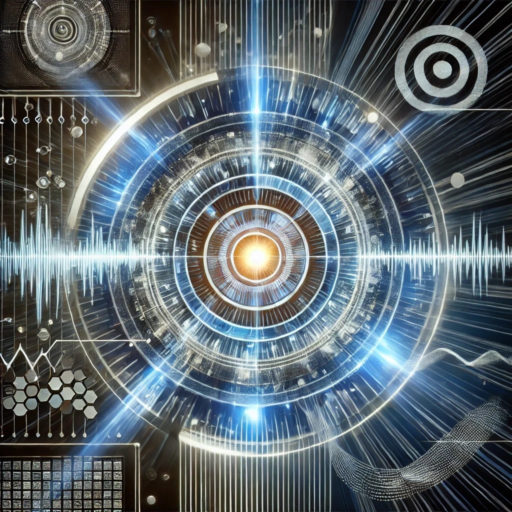 Futuristic digital interface with concentric circles, light beams, and data visualizations.