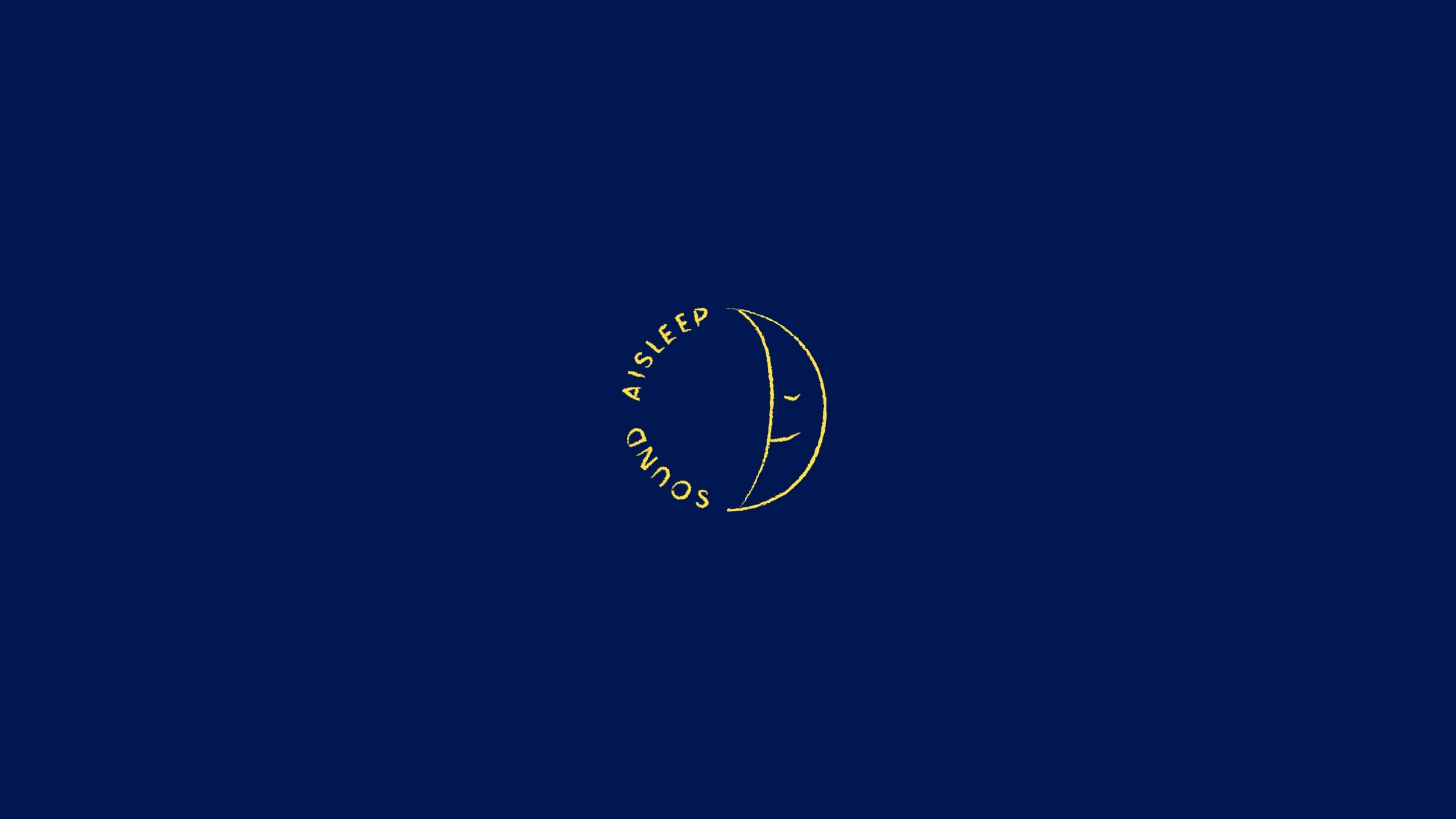 A yellow crescent moon with the words "SOUND ASLEEP" written around it on a dark blue background.