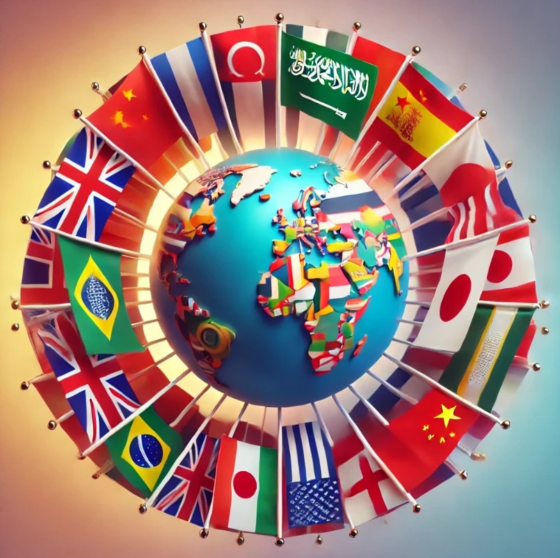 A globe surrounded by various national flags from around the world.