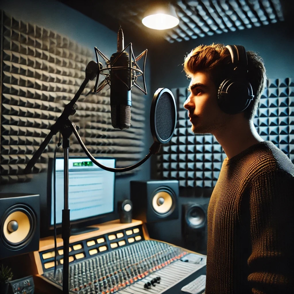 Young man recording vocals in a professional studio with headphones and a microphone.