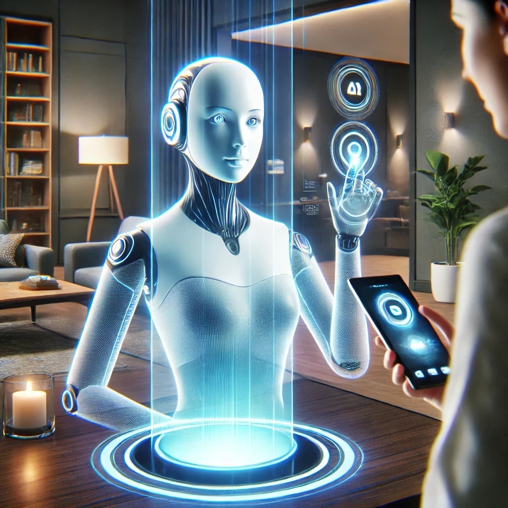 A humanoid robot with a female face interacts with a person holding a smartphone in a modern living room.