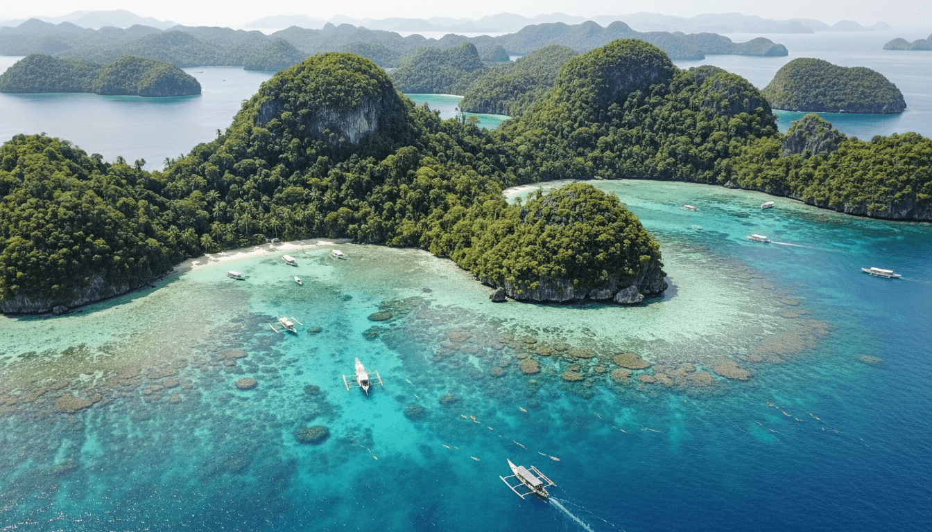 This video presents a breathtaking aerial view of a tropical archipelago, exuding a calm and peaceful mood. The setting is an outdoor, natural environment featuring numerous lush, green islands emerging from crystal-clear turquoise waters. The activity level is slow to moderate, with several traditional outrigger boats, known as bangkas, gently navigating the vibrant blue sea. The visual style is realistic and stunningly beautiful, capturing the serene and idyllic atmosphere. The emotional tone is peaceful and awe-inspiring, highlighting the natural beauty of the destination. Specific elements include dense green foliage covering the islands, patches of coral reefs visible beneath the surface, and small sandy beaches. The artistic style is photorealistic, showcasing high saturation and vibrant cool tones of blue and green, with the occasional warm highlights from the sandy shores. The dominant color palette is a refreshing blend of various shades of blue and green, reflecting the pristine ocean and verdant islands.