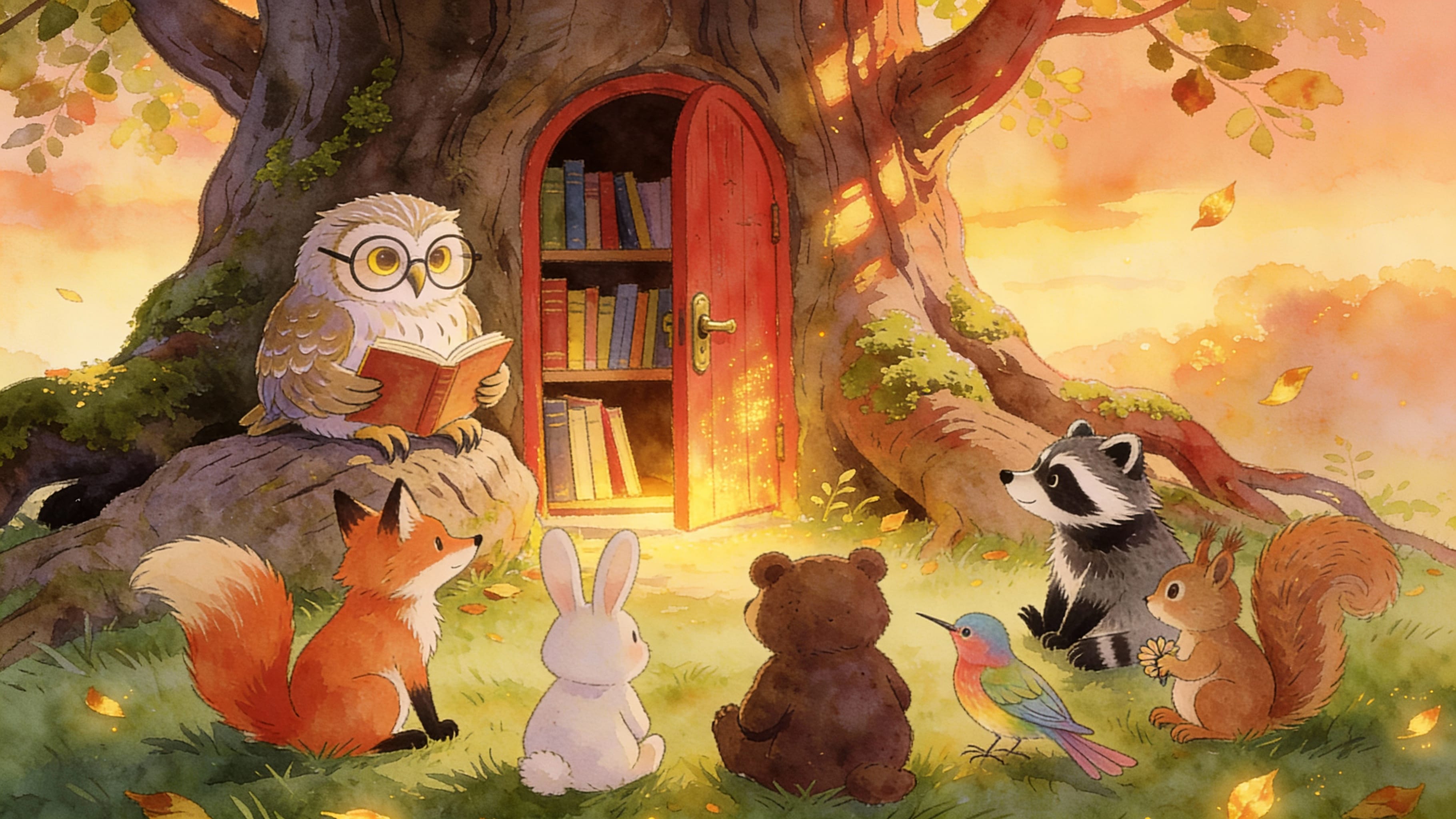 This video features a calm and peaceful outdoor setting, likely a forest or woodland, with an autumn atmosphere. The activity level is static, focusing on a group of anthropomorphic animals gathered around a wise owl reading a book. The visual style is artistic and illustrative, resembling a watercolor painting or children's book art. The emotional tone is warm, gentle, and educational. The main subjects are various woodland creatures: an owl wearing glasses and reading a book, a fox, a white rabbit, a brown bear, a colorful bird, a raccoon, and a squirrel holding a flower. They are all sitting on green grass beneath a large tree with an open red door revealing a bookshelf inside. The artistic style is reminiscent of Studio Ghibli or classic storybook illustrations. The color characteristics are warm tones with high saturation, dominated by an orange-yellow sunset sky and vibrant green grass, accented by earthy browns, reds, and blues.