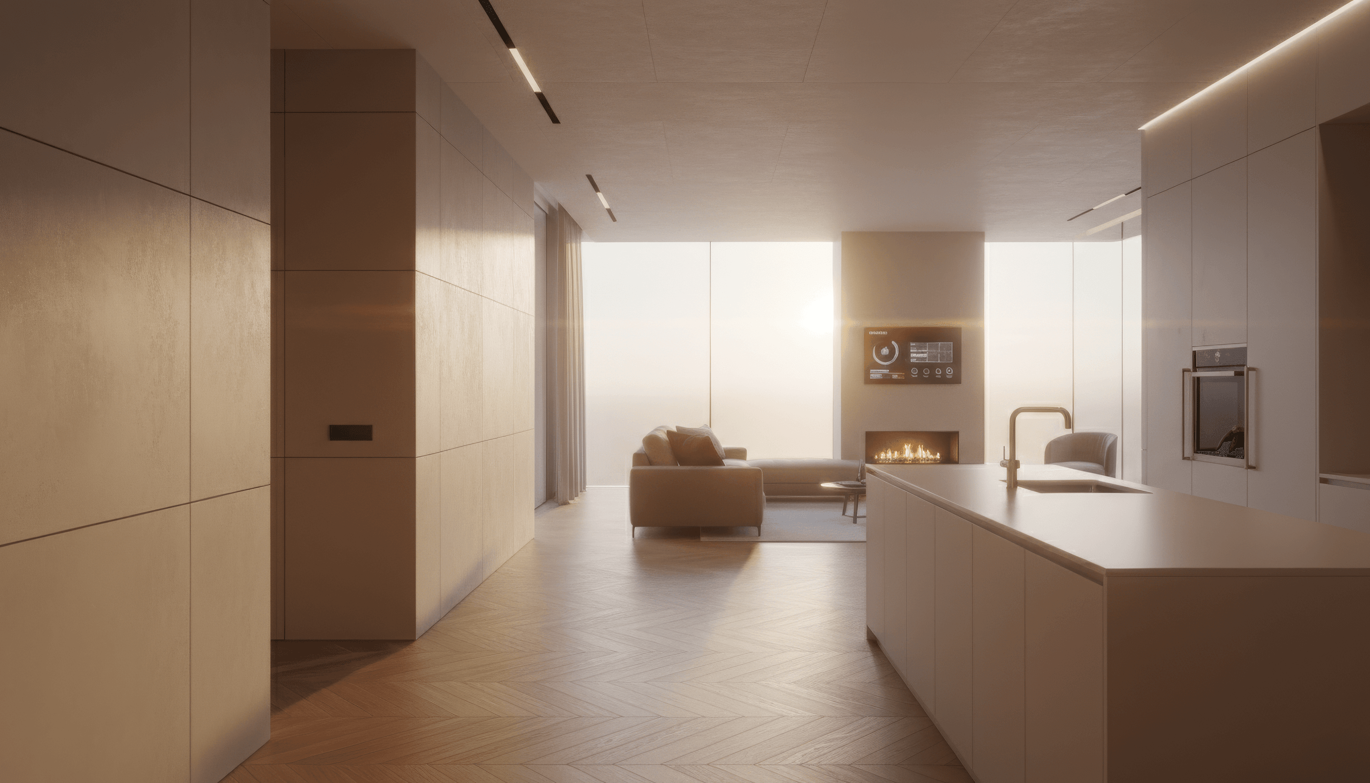 This video depicts a bright, calm, and spacious indoor setting of a modern minimalist smart home. The atmosphere is peaceful and serene, with a static camera view showcasing the interior design. The visual style is realistic and contemporary, emphasizing clean lines and understated elegance. Key elements include a large living area with a sofa, a sleek kitchen island with a sink, a fireplace with active flames, and a wall-mounted smart display showing various controls. The color characteristics are warm tones, dominated by muted pastels and earthy neutrals like beige, cream, and light wood, with subtle orange highlights from the sun and fireplace. The overall color palette is light and inviting, creating a sense of comfort and sophistication.