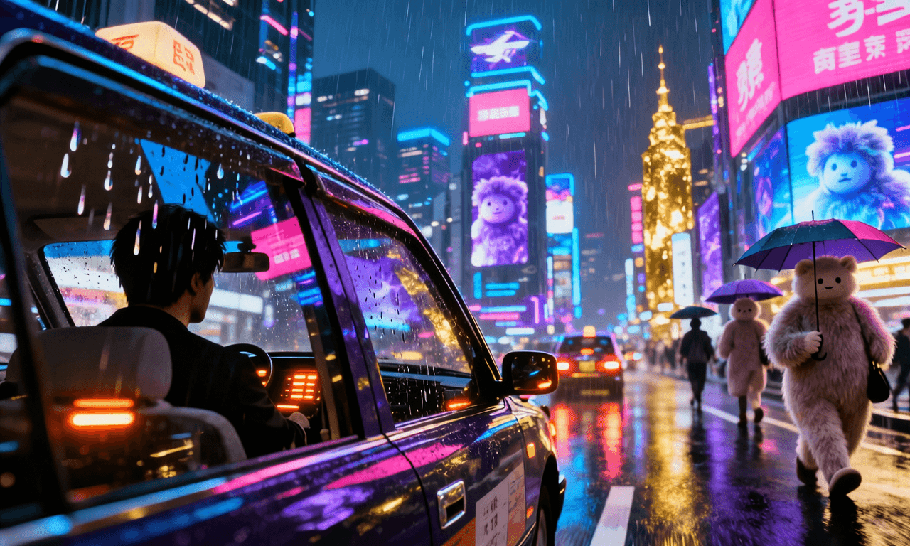 The overall mood is vibrant and slightly mysterious, set in a bustling urban environment at night during a rain shower. The atmosphere is energetic and dynamic, with a mix of realistic and surreal elements. The visual style is modern and highly artistic, resembling digital art or a highly stylized animation. The emotional tone is intriguing and slightly whimsical, due to the unusual characters. The video features a person driving a taxi, viewed from inside the car, with rain streaking down the windows. Outside, the street is filled with glowing billboards and other cars. Notably, several individuals dressed in fluffy, bear-like costumes, holding umbrellas, walk along the wet pavement. The artistic style leans towards photorealism with exaggerated neon lighting, reminiscent of cyberpunk aesthetics. The color characteristics are dominated by cool tones of blue and purple, contrasted with warm pink and orange highlights from the neon signs and car lights, creating a high-saturation, vivid color palette.