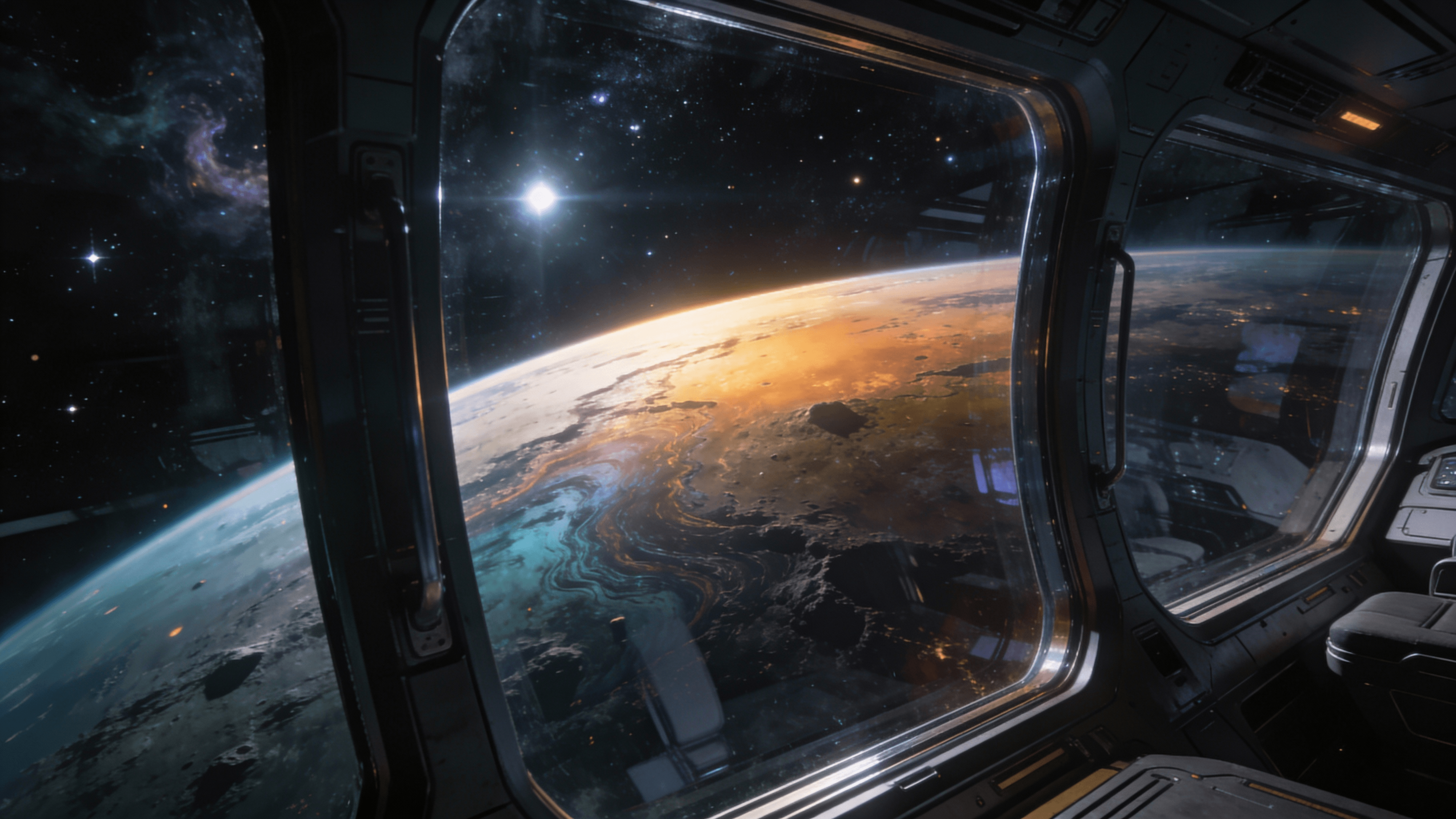 This video presents a serene and awe-inspiring view of Earth from the interior of a futuristic spaceship. The overall mood is calm and contemplative, with a sense of wonder. The setting is outer space, featuring a vibrant, swirling Earth below and a dark, star-filled cosmos with nebulae. The activity level is static, focusing on the breathtaking visual. The visual style is highly realistic and detailed, resembling a high-fidelity video game or CGI. The emotional tone is peaceful, majestic, and slightly mysterious, evoking the vastness of space. The subject is the Earth as seen from a spacecraft, with the dark interior of the ship's cockpit framing the view. The artistic style leans towards photorealism with sci-fi elements. The color characteristics include a blend of warm tones (orange, yellow, red) on Earth's surface transitioning to cool tones (blue, green) and deep purples and blues in the nebulae, all against a dark background with bright star points. The color palette is primarily orange, blue, and black with subtle hints of green and purple.