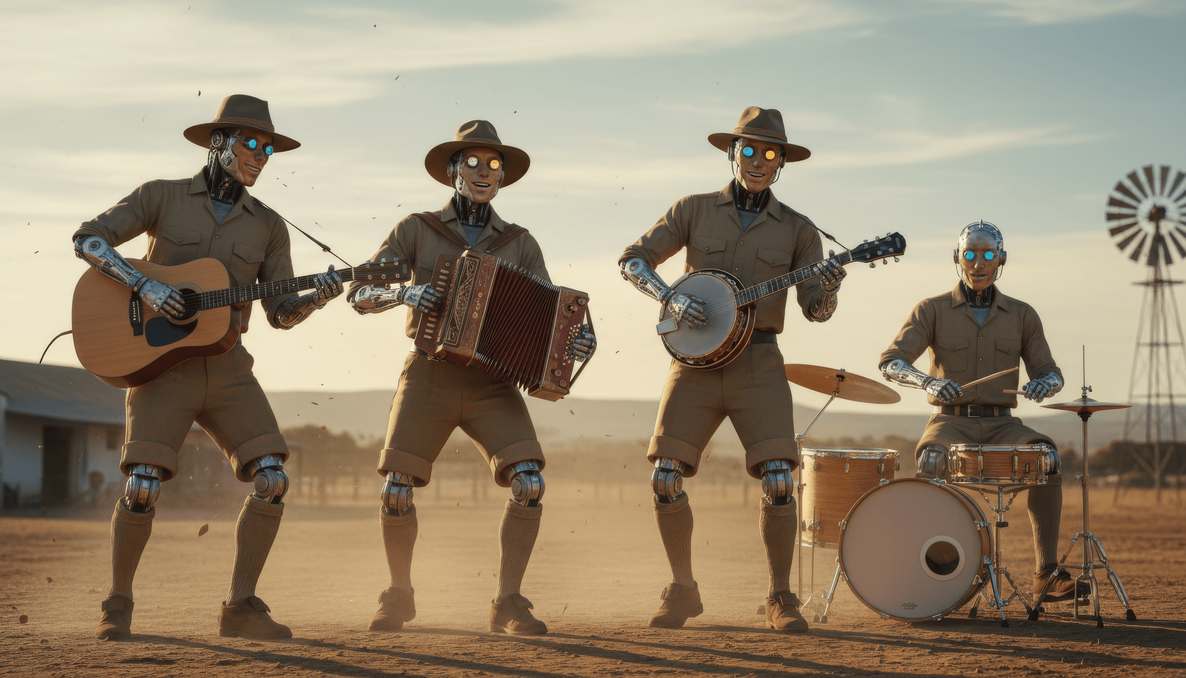 The overall mood is whimsical and surreal, with a bright, open-air atmosphere under a clear sky. The setting is an outdoor, rural landscape, possibly a dusty field or prairie, with a farmhouse and windmill in the background. The activity level is static, depicting a band posing for a performance. The visual style is highly realistic with a touch of futuristic fantasy, featuring detailed textures and lighting. The emotional tone is cheerful and slightly humorous, showcasing an unexpected blend of elements. The subjects are four humanoid robots, each playing a musical instrument: an acoustic guitar, an accordion, a banjo, and a drum set. The artistic style leans towards photorealism with sci-fi elements. The color characteristics are warm tones, with high saturation, dominated by earthy browns, tans, and blues from the sky, accented by the metallic sheen of the robots and the vibrant glow of their eyes.