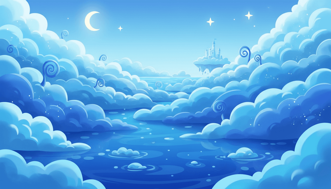 This video presents a fantastical, dreamlike landscape with an overall calm and peaceful mood. The setting is an ethereal outdoor environment dominated by a vast expanse of blue sky filled with fluffy, voluminous clouds in various shades of blue and white. A crescent moon and twinkling stars are visible in the sky, contributing to the serene atmosphere. In the distance, a whimsical castle floats atop a cloud island, suggesting a magical or fairytale realm. Below the clouds, a tranquil body of water, also in shades of blue, reflects the sky, creating a sense of depth and continuity. The visual style is artistic and illustrative, reminiscent of animated fantasy films, with a high saturation of cool blue tones and a distinct color palette of light to deep blues with white highlights. The activity level is static, focusing on the beauty of the imaginary scenery.