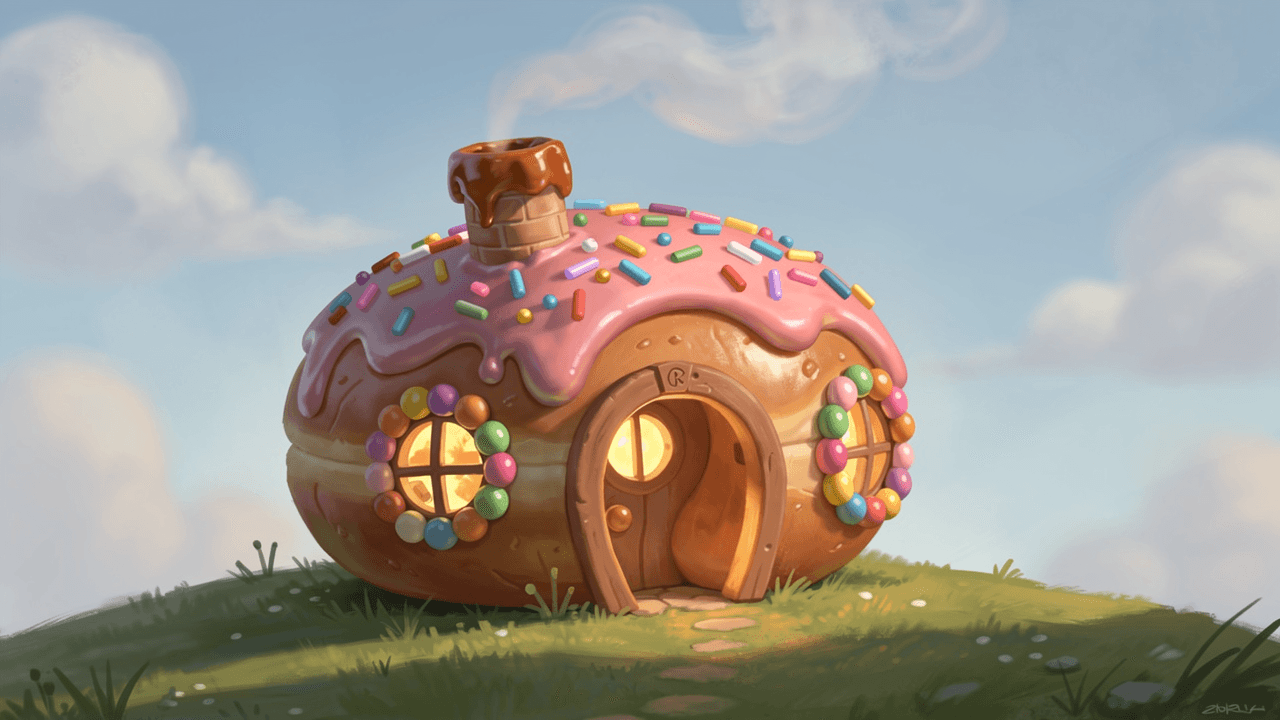 This video features a bright and whimsical scene with a cheerful, fantastical atmosphere. The setting is an outdoor, natural environment, depicting a vibrant green hill under a clear blue sky with soft, wispy clouds. The activity level is static, focusing on a single, charming subject. The visual style is highly artistic and illustrative, reminiscent of a cartoon or children's book, with a touch of photorealism in the textures. The emotional tone is peaceful, joyful, and imaginative. The main subject is an adorable, round house shaped like a donut, complete with pink icing, colorful sprinkles, and a chimney made of stacked donuts, emitting a wisp of smoke. The windows and door are adorned with colorful candies, and warm light glows from within. The color characteristics are predominantly warm and pastel, with high saturation, creating a sweet and inviting palette of blues, greens, pinks, and various candy colors.