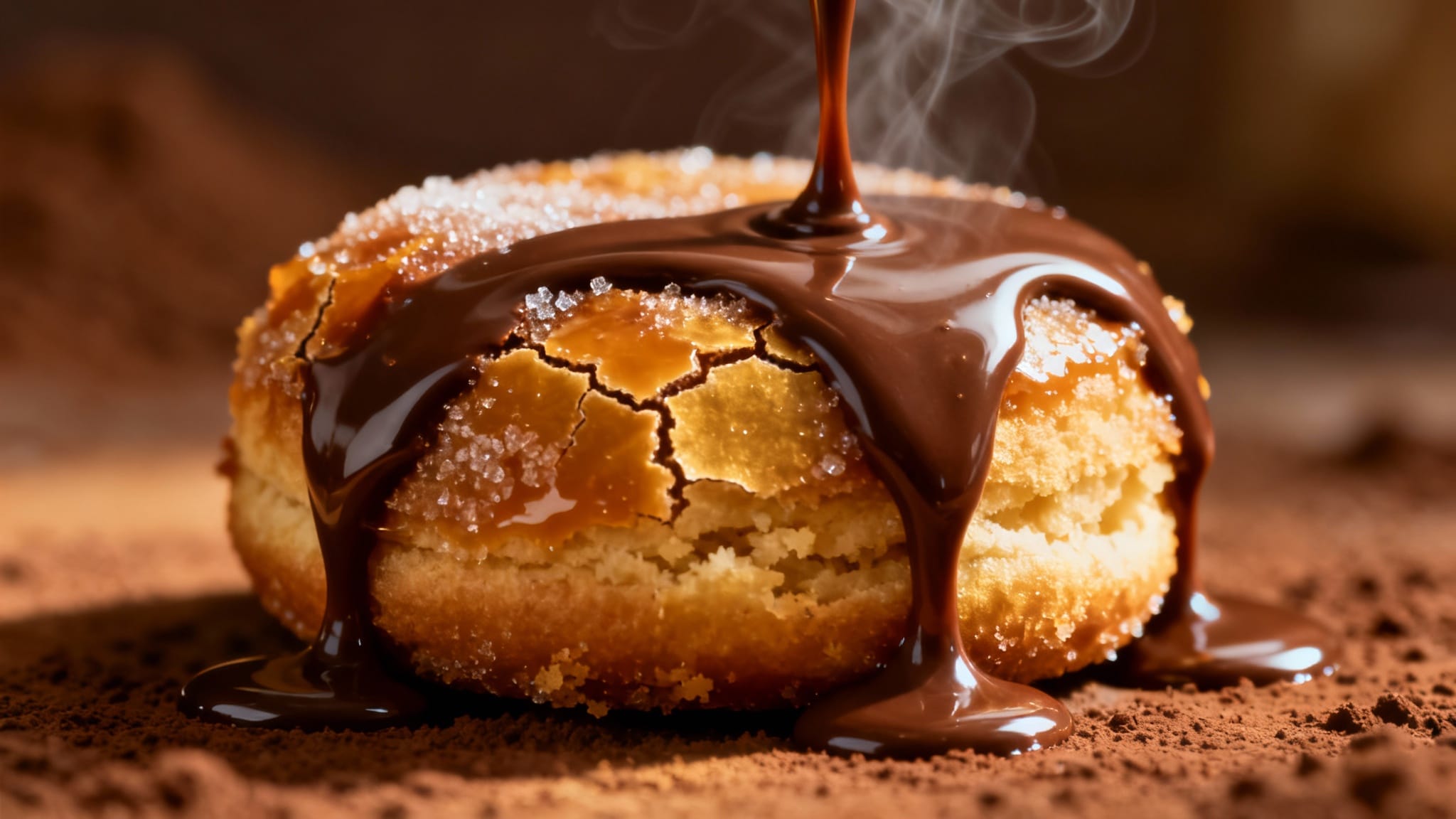 This video captures a close-up, dynamic shot of warm chocolate sauce being drizzled over a freshly baked, sugared donut. The overall mood is enticing and indulgent, with a warm and inviting atmosphere. The setting appears to be an indoor, possibly kitchen or studio environment, with a dark, blurred background that highlights the subject. The activity is slow and deliberate, focusing on the flowing motion of the chocolate. The visual style is highly realistic and appetizing, emphasizing textures and details. The emotional tone is one of comfort and desire. The primary subject is a golden-brown donut, sprinkled with sugar crystals, with cracks on its surface, sitting on a bed of cocoa powder. Wisps of steam rise from the warm chocolate. The color palette is dominated by rich, warm tones of brown, gold, and dark chocolate, with high saturation that makes the food look delicious.