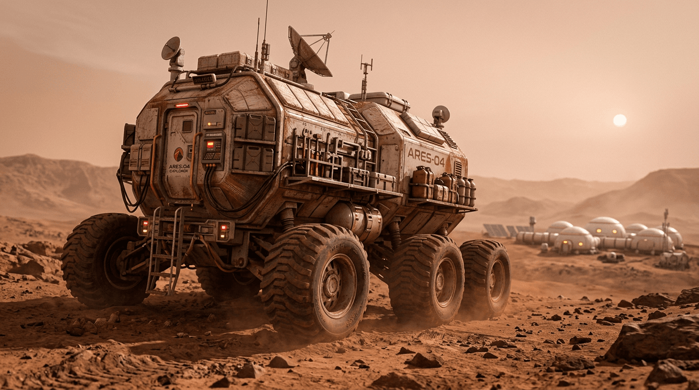 This video presents a futuristic, realistic depiction of a massive, multi-wheeled rover named "ARES-04" on the Martian surface. The overall mood is adventurous and slightly mysterious, set in an outdoor, alien environment. The rover appears static but implies movement across the rugged, rocky terrain. The visual style is photorealistic, with a high level of detail on the vehicle's mechanics and the barren landscape. The emotional tone is one of awe and scientific exploration. In the background, a small, modular human outpost with dome-shaped habitats is visible, suggesting colonization. The artistic style leans towards sci-fi concept art. The color characteristics are dominated by warm, muted orange and red tones, with subtle hints of grey and brown in the rover and rocks, creating a cohesive Martian palette.