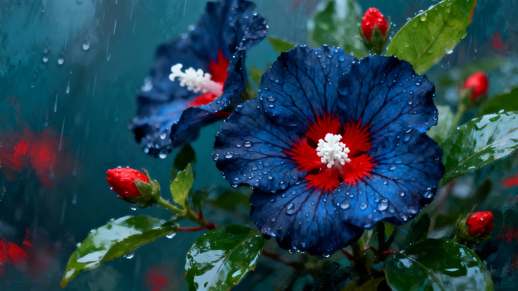 This video features a close-up, static shot of vibrant blue hibiscus flowers and red buds, glistening with raindrops. The overall mood is calm and peaceful, with a slightly dramatic undertone due to the rain. The setting is outdoor nature, likely a garden or natural environment. The visual style is realistic with artistic touches, almost resembling a painting due to the rich textures and colors. The emotional tone is serene and fresh, highlighting the beauty of nature during rainfall. The main subjects are the blue hibiscus flowers with striking red centers and white stamens, along with several bright red flower buds and lush green leaves, all adorned with water droplets. The artistic style leans towards photorealism with a painterly quality, emphasizing details and light. The color characteristics include cool tones of blue and green, contrasted with warm, high-saturation reds and bright white, creating a vivid and striking palette.