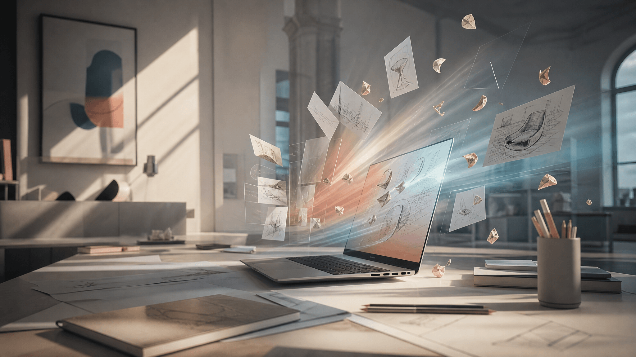The overall mood is bright, modern, and inspiring, set in a well-lit indoor office or studio environment. The activity is dynamic, depicting a creative process in motion, with elements emanating from a laptop. The visual style is realistic with a touch of artistic flair due to the digital effects. The emotional tone is one of innovation and progress. The subject is a laptop actively displaying and projecting design sketches and 3D models into the air, symbolizing a flow of ideas. Specific elements include a silver laptop, numerous floating sketches of furniture designs (like chairs), abstract golden geometric shapes, and light streaks in blue and orange. The artistic style leans towards photorealism with digital art enhancements. The color characteristics are warm and cool tones blending, with a generally muted pastel palette highlighted by vibrant digital light effects. The color palette includes shades of white, grey, brown, with splashes of orange and blue from the digital light.