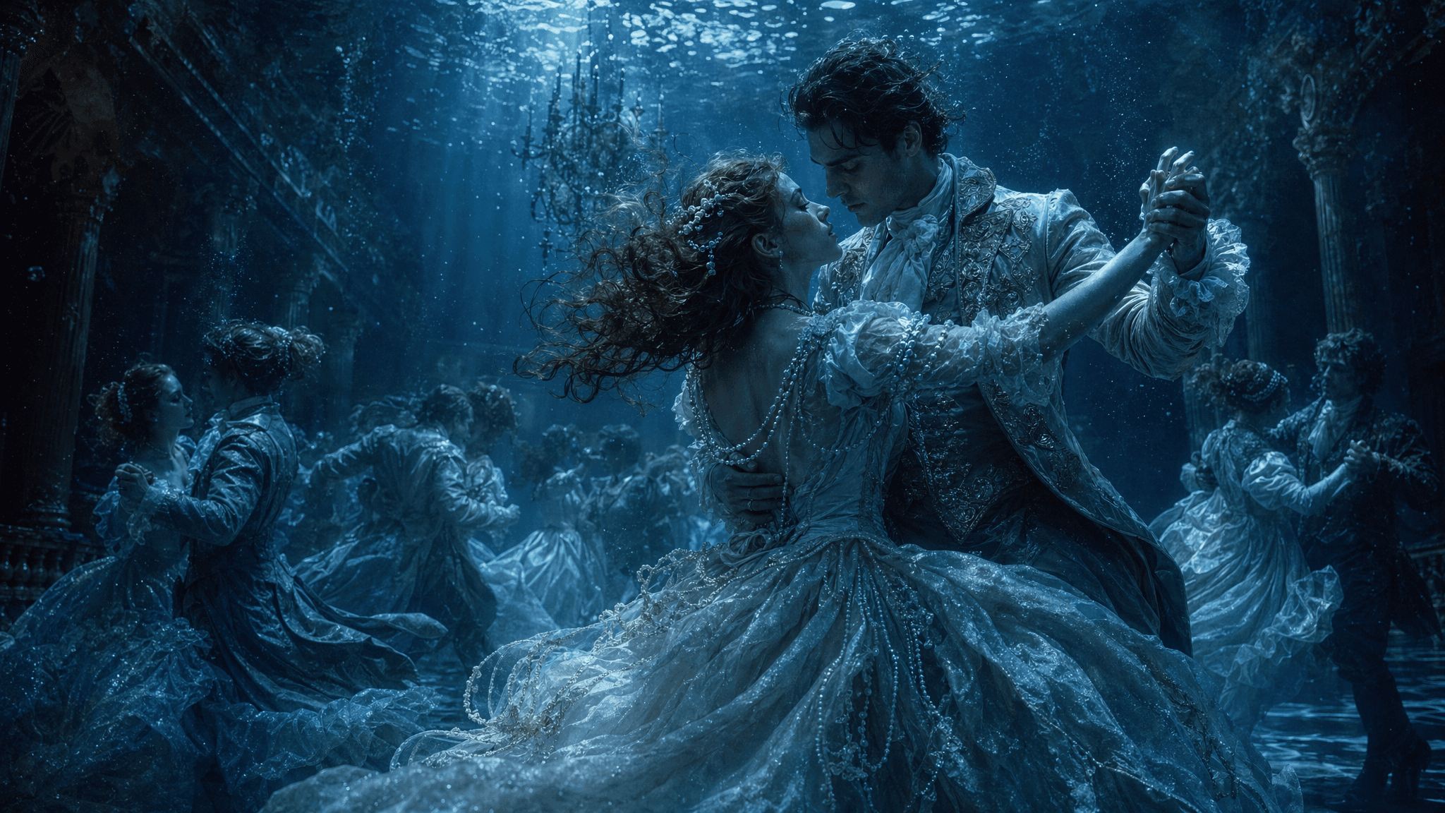 This video depicts a dramatic and mysterious scene of a ballroom dance taking place underwater. The overall mood is ethereal and enchanting, with a dark yet luminous atmosphere. The setting is an ornate, submerged ballroom, suggested by pillars and a chandelier, creating an indoor-like environment. The activity level is slow and graceful, showing couples dancing in a fluid, dreamlike manner. The visual style is highly artistic and realistic, with intricate details on the period costumes. The emotional tone is romantic and slightly melancholic. The subjects are elegantly dressed couples, presumably from a historical period, performing a waltz or similar dance. The artistic style leans towards photorealism with a fantastical element, akin to a dark fantasy film. The color characteristics are cool tones, predominantly deep blues and teals, with muted highlights from the light filtering through the water. The color palette is dominated by blues, grays, and whites, with subtle hints of warmer skin tones.
