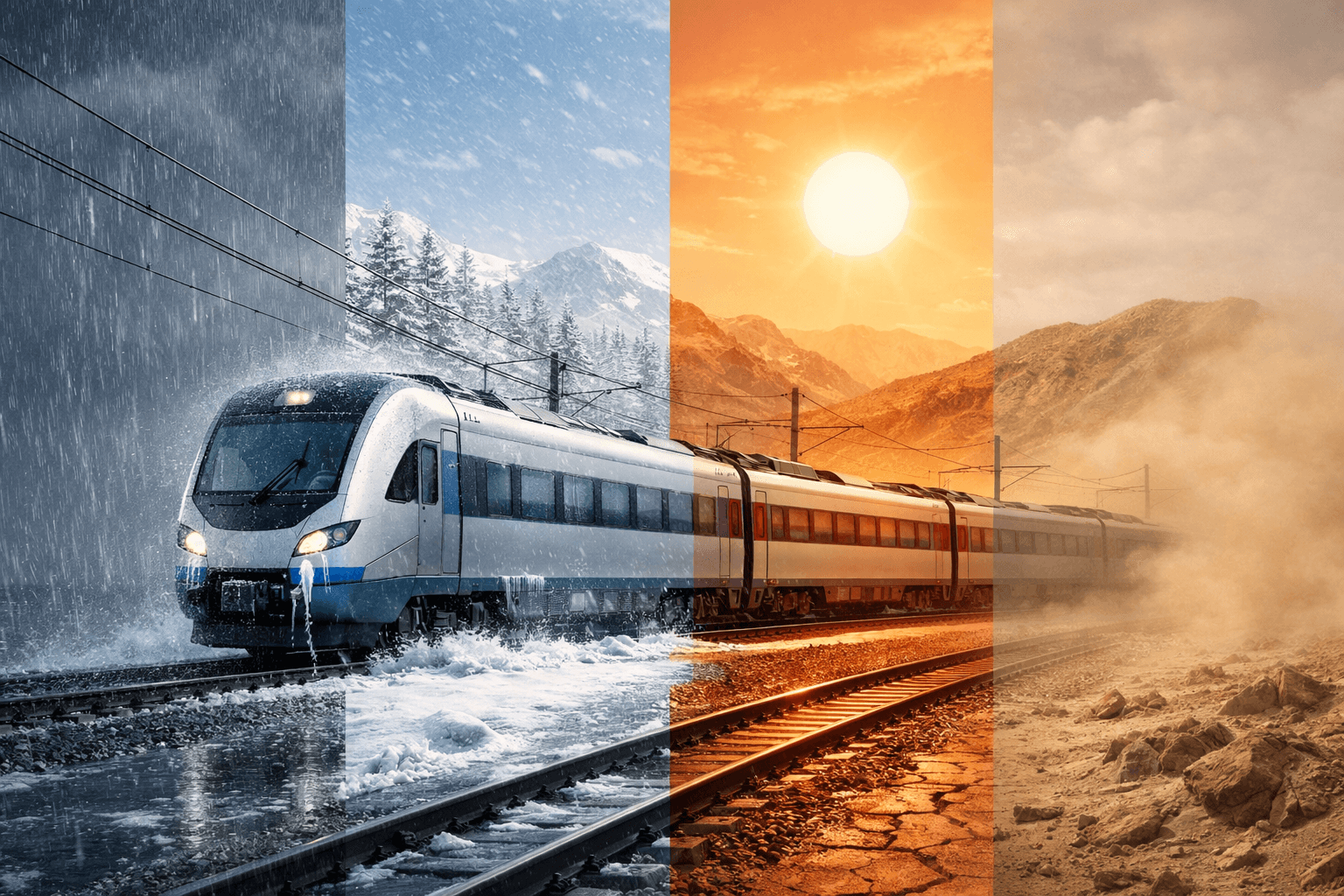 This image depicts a dynamic, high-energy scene of a modern train traversing diverse weather conditions, representing four distinct seasons. The overall mood is dramatic and visually striking, showcasing the train's resilience. The setting is outdoor, featuring mountainous landscapes in various states: snowy peaks, barren rocks, and hazy desert. The visual style is realistic with a touch of artistic exaggeration to highlight the extreme weather. The emotional tone is powerful and adventurous, emphasizing journey and endurance. The central subject is a sleek, white and blue passenger train. The artistic style is photorealistic, with clear details in the train and surrounding environment. The color characteristics are highly saturated and varied, transitioning from cool blues and whites in the winter storm to warm oranges and yellows in the sunny and dusty desert scenes. The color palette shifts from blue and white to warm orange, yellow, and earthy brown tones.