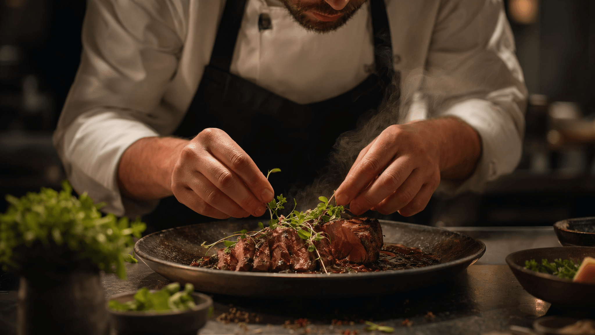 This video presents a close-up, intimate view of a chef meticulously garnishing a steak dish. The mood is calm and focused, highlighting the precision and artistry of culinary preparation. The setting appears to be a professional kitchen, with a dark, sophisticated atmosphere. The activity is slow and deliberate, emphasizing attention to detail. The visual style is realistic and high-quality, with a focus on texture and steam rising from the hot food. The emotional tone is one of craftsmanship and dedication. The subject is a male chef in a white chef's coat and black apron, with his hands carefully placing fresh herbs onto a perfectly cooked, sliced steak. The artistic style leans towards photorealism with a dramatic, low-key lighting setup. The color characteristics are warm tones from the steak and cool tones from the surrounding kitchen, with a rich, earthy color palette of deep browns, reds, and vibrant greens.