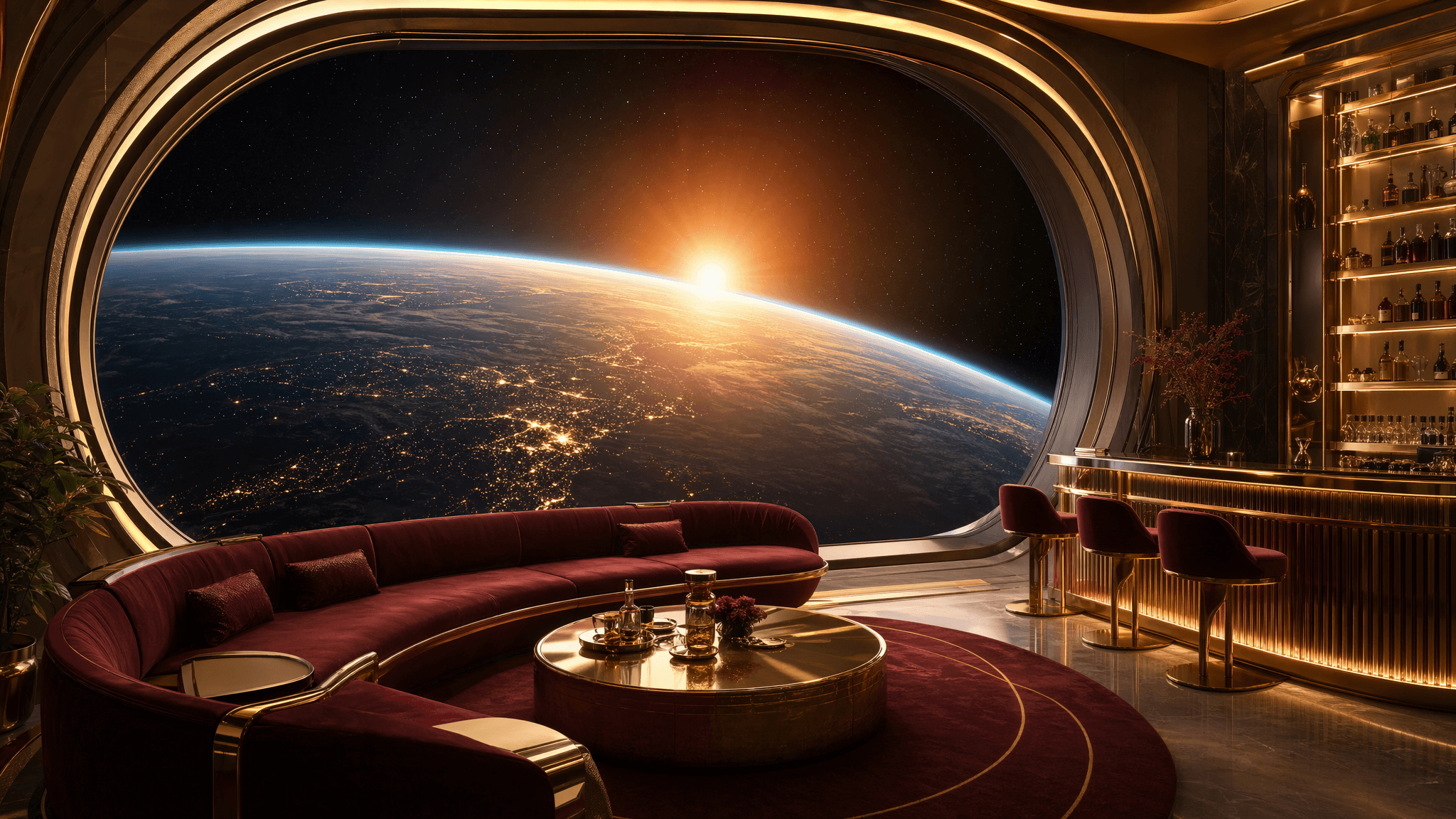 The overall mood is luxurious and futuristic, with a calm and awe-inspiring atmosphere. The setting is an indoor, opulent lounge aboard a spacecraft, overlooking the Earth from orbit. The activity level is static, focusing on the breathtaking view and sophisticated interior design. The visual style is highly realistic with a modern, high-tech aesthetic, exuding an emotional tone of wonder, serenity, and exclusivity. The primary subject is the stunning view of Earth, with city lights visible and a bright sunrise or sunset over the horizon, framed by a large, oval window. The lounge features a curved, deep red velvet sofa, a polished gold circular coffee table with drinks, and a well-stocked bar with gold accents and bar stools. The artistic style leans towards photorealism with a touch of science fiction grandeur. The color characteristics include warm tones from the golden accents and the sunrise/sunset, contrasted with the cool dark blues and blacks of space and Earth's night side. The color palette is dominated by rich reds, deep golds, and the blue and black of the Earth and space.