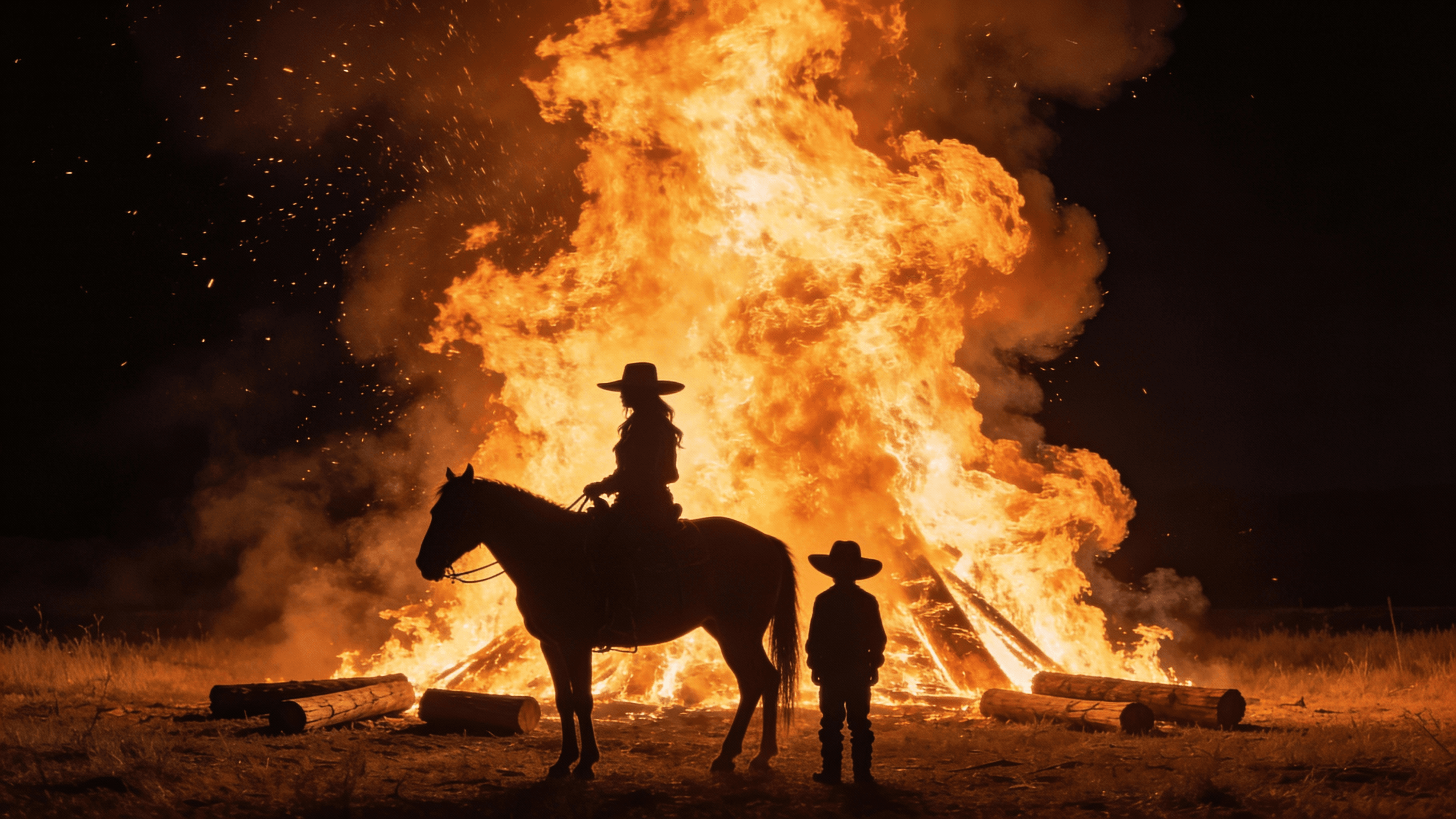 This video presents a dramatic and mysterious outdoor scene at night. The atmosphere is intense and powerful, dominated by a massive, brightly burning bonfire. The setting appears to be an open field or rural landscape, with logs visible at the base of the fire. The activity level is static, focusing on the imposing presence of the fire and the silhouetted figures. The visual style is realistic, with a focus on high contrast and the vivid glow of the flames. The emotional tone is one of awe, potential danger, and perhaps a sense of timeless western drama. The subjects are two figures, likely a woman and a child, both wearing cowboy hats, silhouetted against the fire. The woman is seated on a horse, also silhouetted. The color characteristics are warm and vibrant, with high saturation in the oranges, reds, and yellows of the fire against a deep black background, creating a striking and impactful color palette.