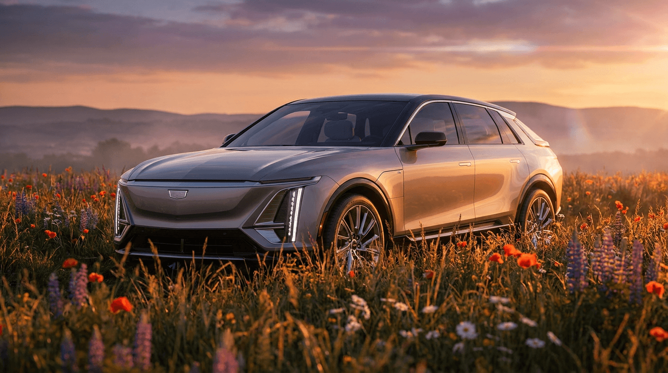 This video presents a serene and majestic view of a modern Cadillac Lyriq electric SUV parked in a vibrant wildflower field at sunset. The overall mood is calm and aspirational, with a natural outdoor setting featuring rolling hills in the background. The car is static, acting as the primary subject, showcasing its sleek design. The visual style is highly realistic and artistic, emphasizing the vehicle's luxurious appeal within a natural environment. The emotional tone is peaceful and slightly dramatic due to the golden hour lighting. The car is a light champagne or silver color, contrasting beautifully with the rich greens, purples, and oranges of the field and the sunset sky. The color characteristics are predominantly warm tones with high saturation, creating a vivid and inviting palette of orange, gold, purple, and green.